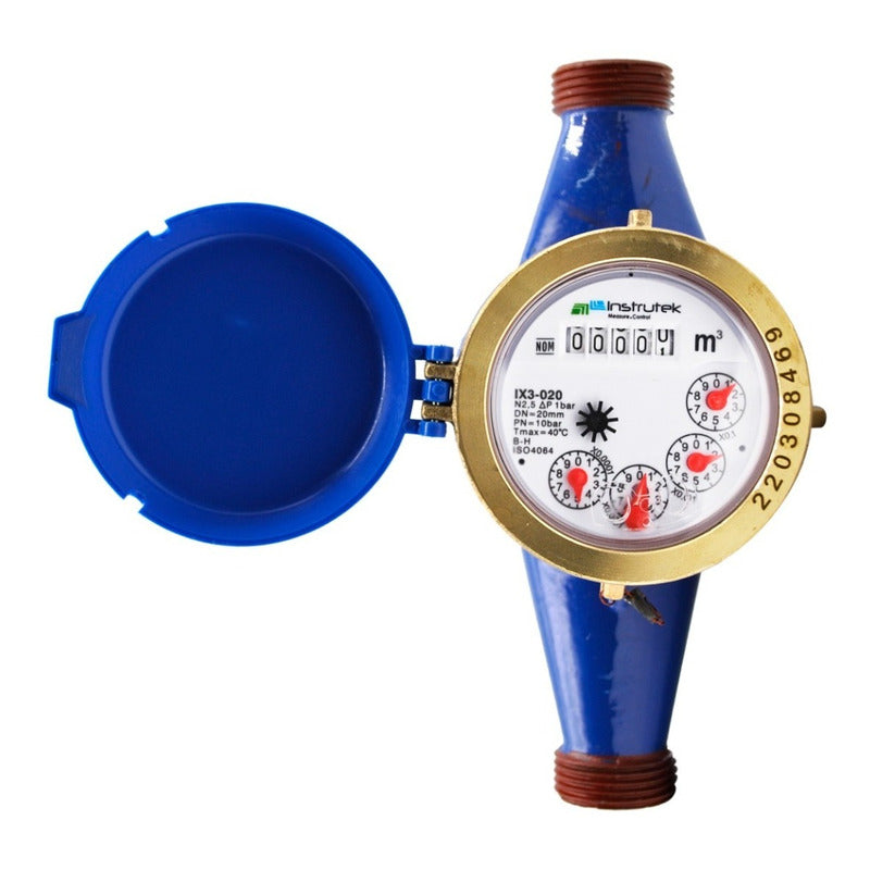 Medidor de agua tipo chorro múltiple, cuerpo de hierro, extremos roscados de 3/4", incluye los conectores de latón