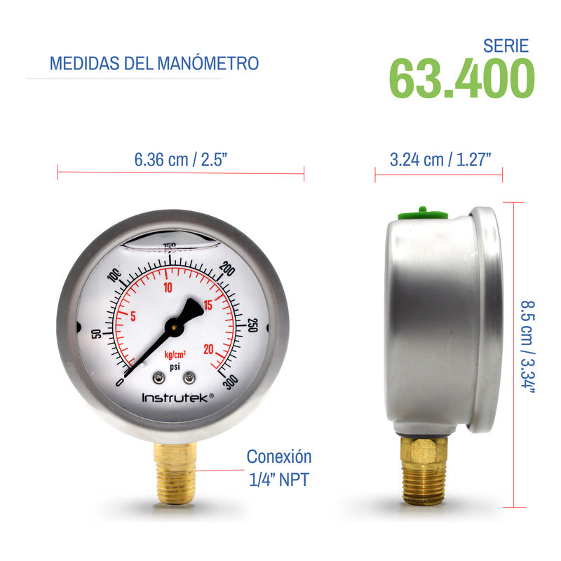 Manómetro 2.5", lleno de líquido premium, 1/4" NPT, inferior, 300 psi-kg/cm2