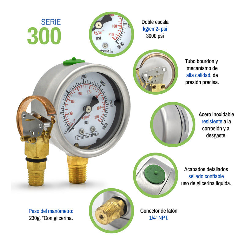 Manómetro 2.5", lleno de líquido (O.E.M.), 1/4" NPT, inferior, 3000 psi-kg/cm2
