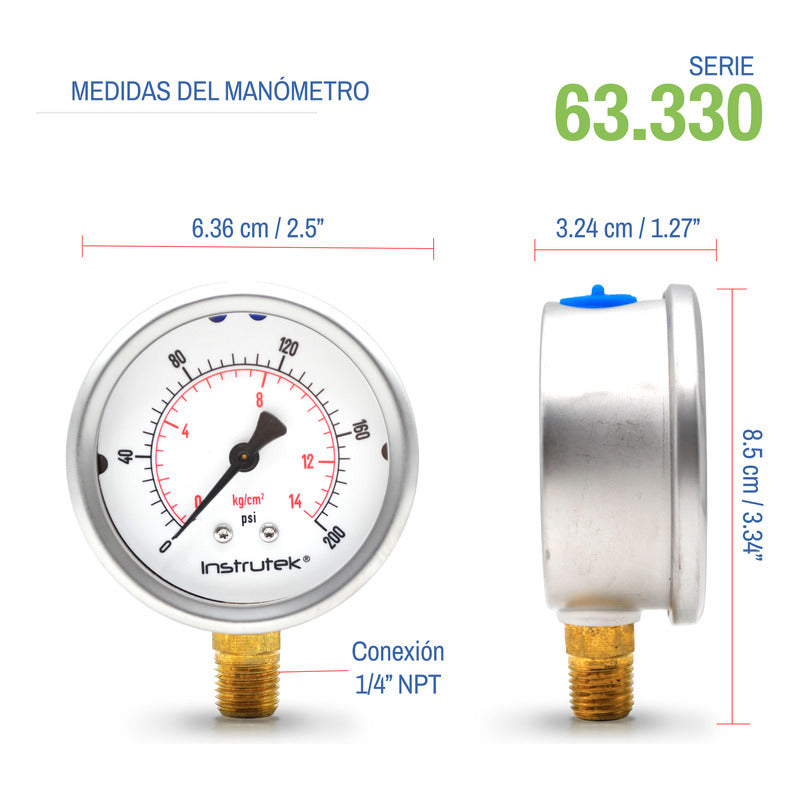 Manometer for Irrigation System with Glycerin 2.5 PLG, 200 Psi