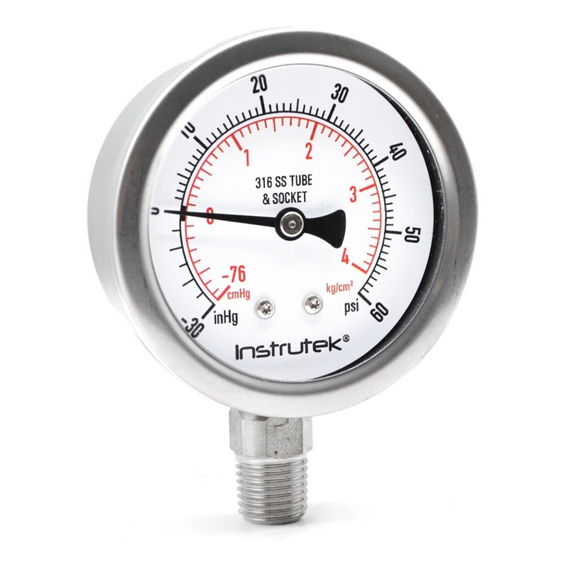 Manovacuómetro 2.5", acero inoxidable, 1/4" NPT, inferior, 30 Vac inHg-cmHg, 60 psi-kg/cm2