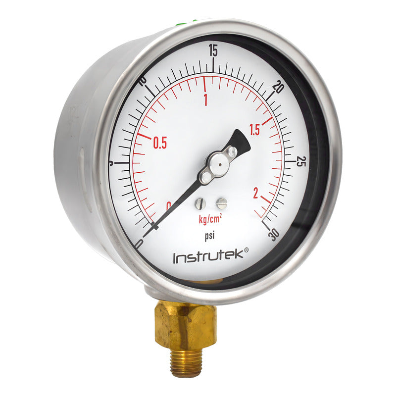 Manómetro 4", lleno de líquido premium, 1/4" NPT, inferior, 30 psi-kg/cm2
