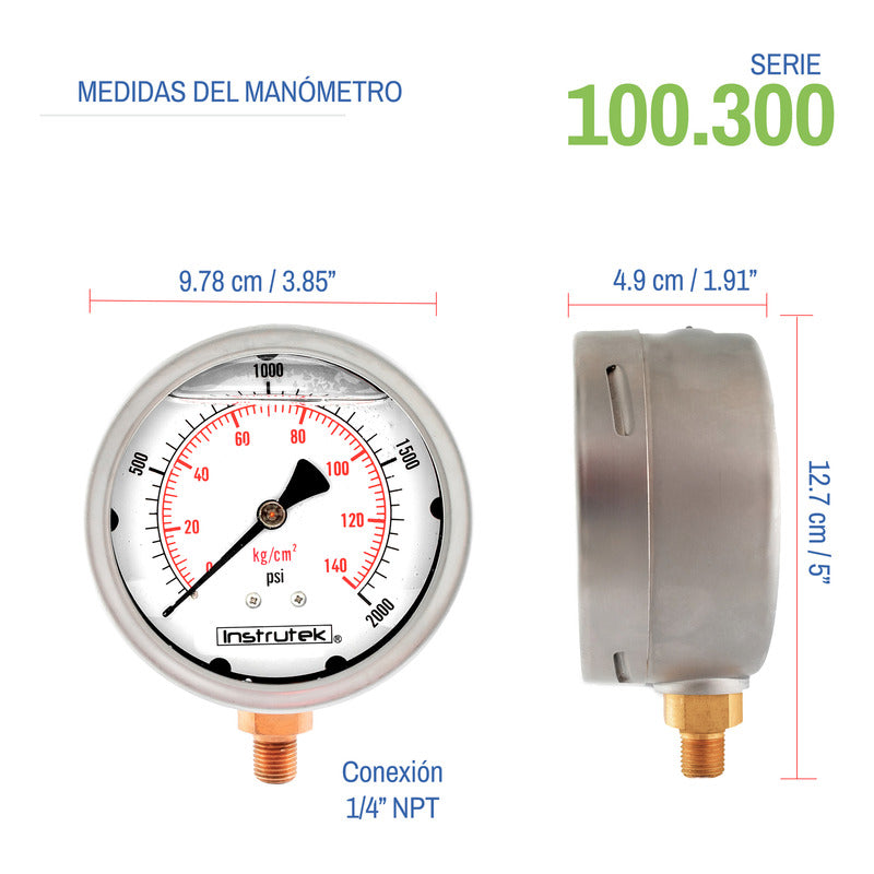 Manómetro 4", lleno de líquido (O.E.M.), 1/4" NPT, inferior, 2000 psi-kg/cm2