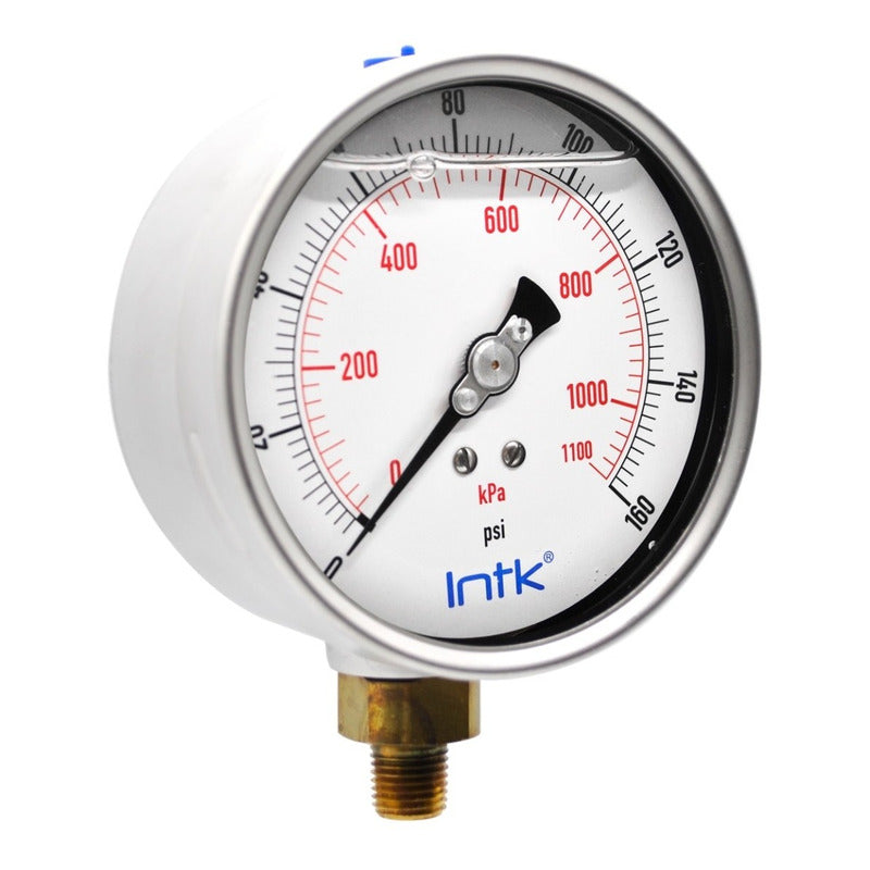 4” Liquid filled, pressure gauge, 1/4” NPT, bottom connection, 0 to 160 psi-kPa