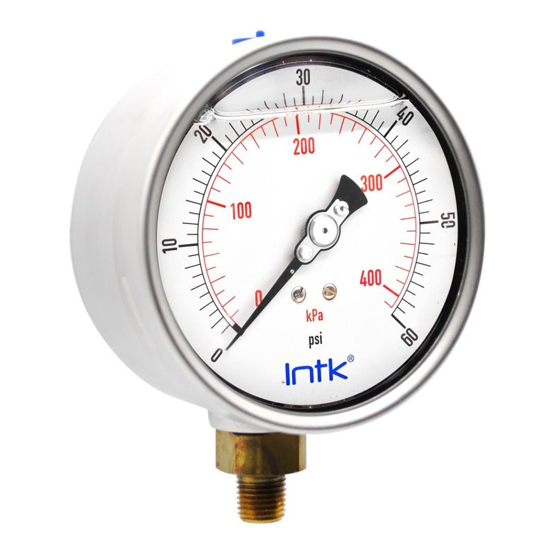 4” Liquid filled (O.E.M.), pressure gauge, 1/4” NPT, bottom connection, 0 to 60 psi-kPa
