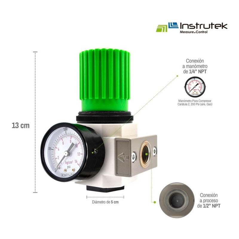 Pneumatic High Pressure Regulator 1/2 200 Psi with Pressure Gauge