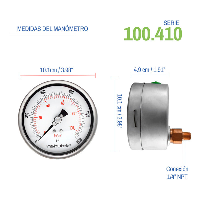 Manómetro 4", lleno de líquido premium, 1/4" NPT, posterior, 1500 psi-kg/cm2