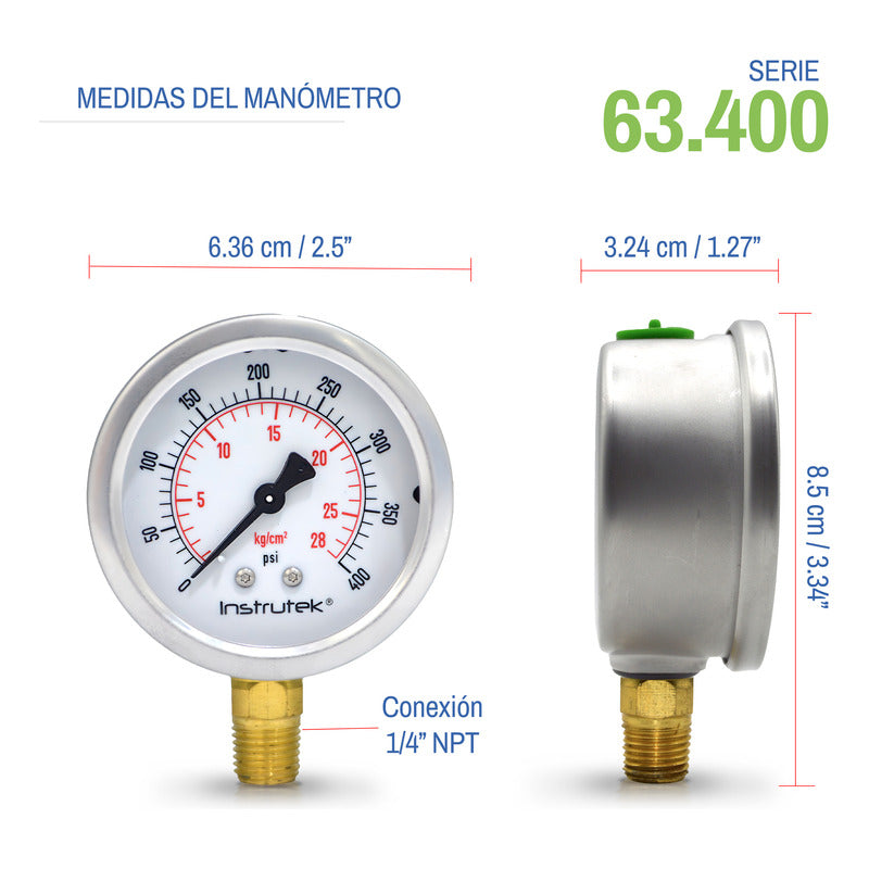 Manómetro 2.5", lleno de líquido premium, 1/4" NPT, inferior, 400 psi-kg/cm2