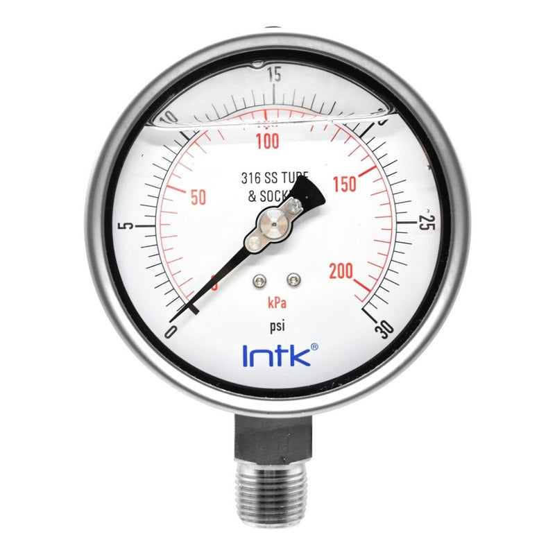 4” S.S. Liquid filled (O.E.M.), pressure gauge, 1/2” NPT, bottom connection, 0 to 30 psi-kPa