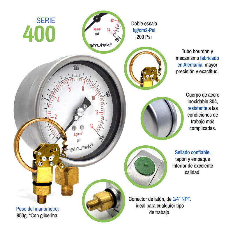 Manómetro 4", lleno de líquido premium, 1/4" NPT, inferior, 200 psi-kg/cm2