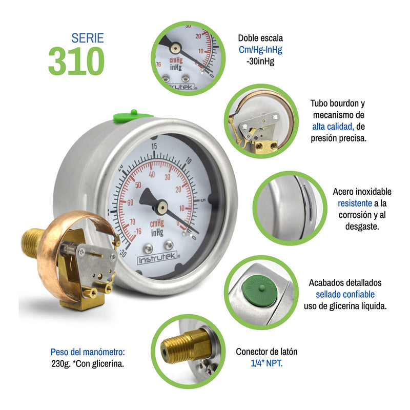 Vacuómetro 2.5", lleno de líquido (O.E.M.), 1/4" NPT, posterior, 30 Vac inHg-cmHg