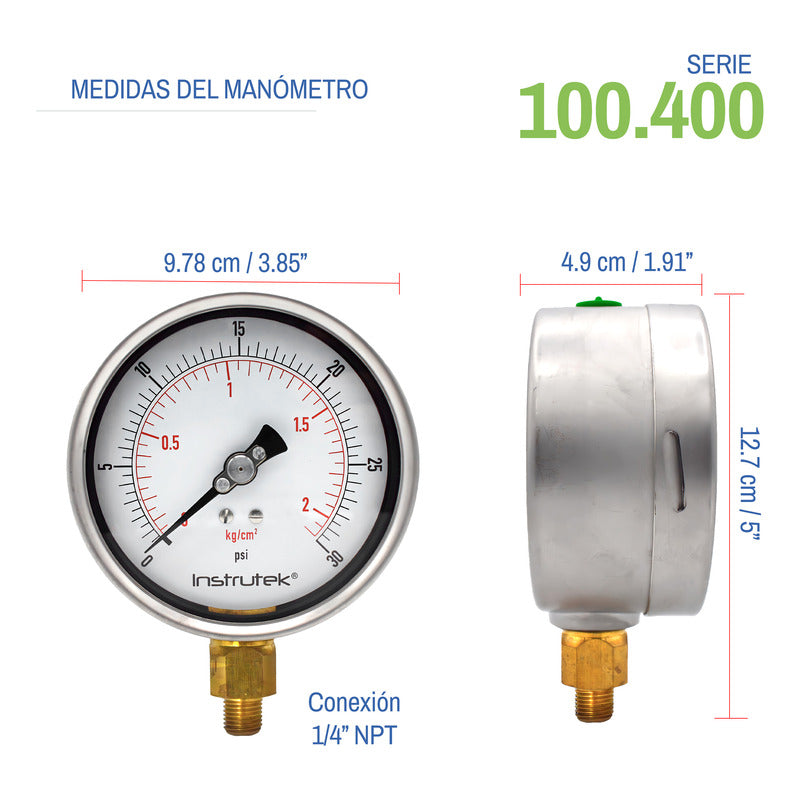 Manómetro 4", lleno de líquido premium, 1/4" NPT, inferior, 30 psi-kg/cm2