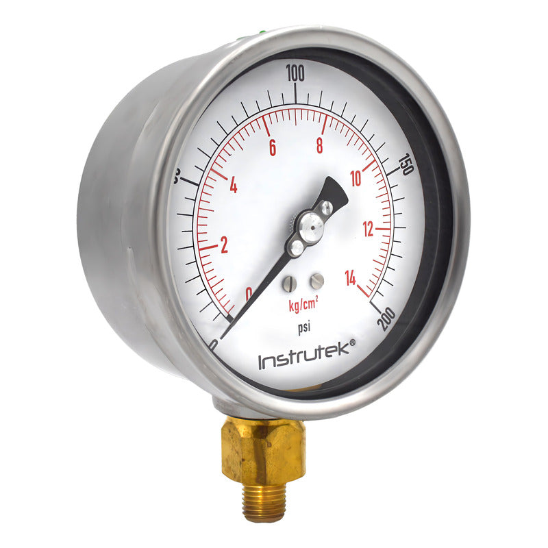 Manómetro 4", lleno de líquido premium, 1/4" NPT, inferior, 200 psi-kg/cm2