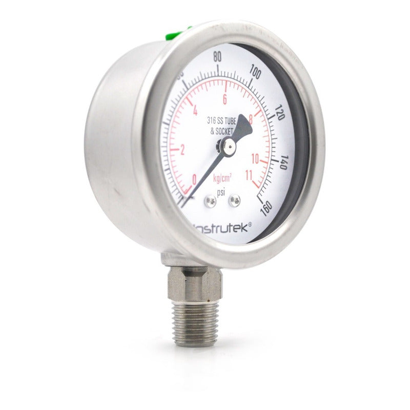 Stainless steel Glycerin pressure gauge 2.5 PLG, 0 to 160 Psi, 1/4 connection