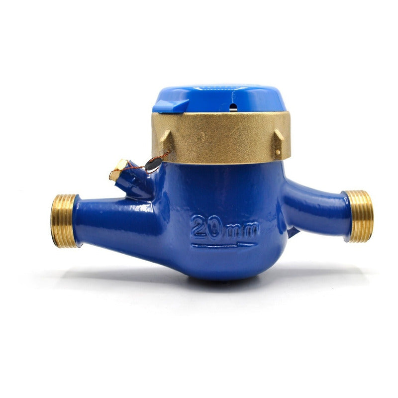 Medidor de agua tipo chorro múltiple, cuerpo de latón, extremos roscados de 3/4", incluye los conectores de latón