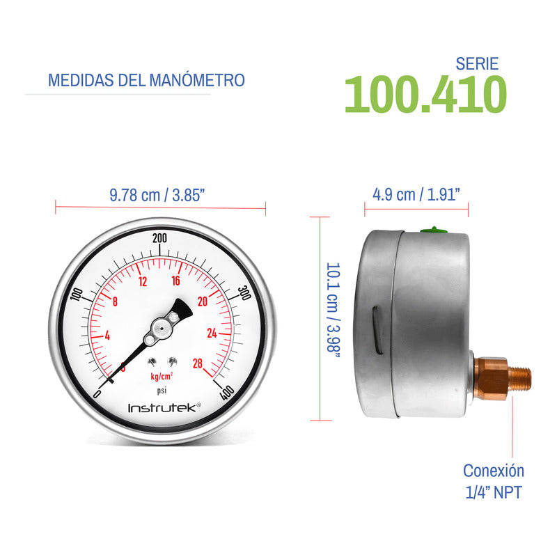 Manómetro 4", lleno de líquido premium, 1/4" NPT, posterior, 400 psi-kg/cm2