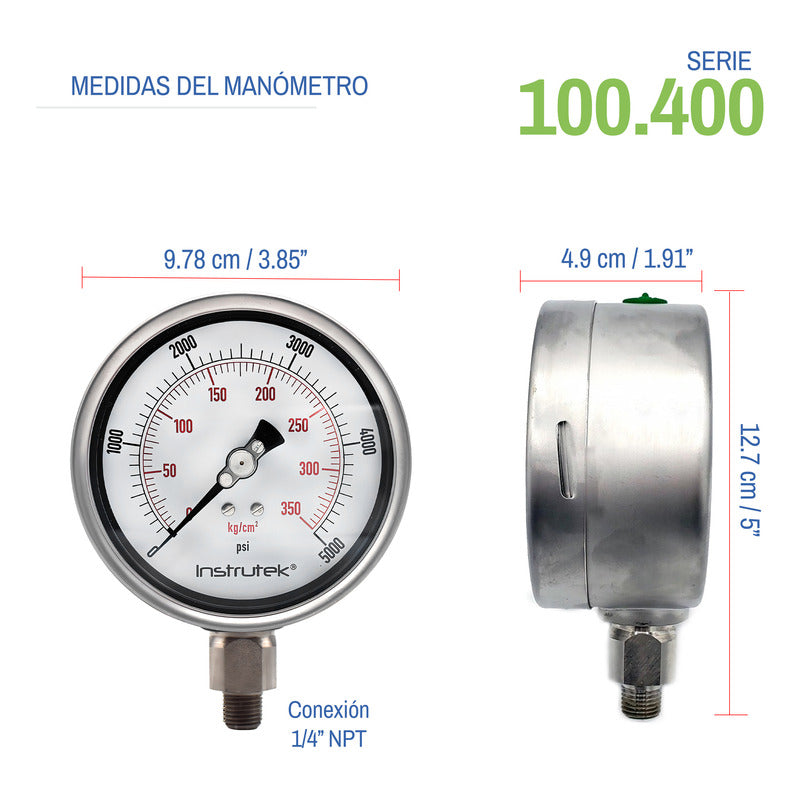 Manómetro 4", lleno de líquido premium, 1/4" NPT, inferior, 5000 psi-kg/cm2