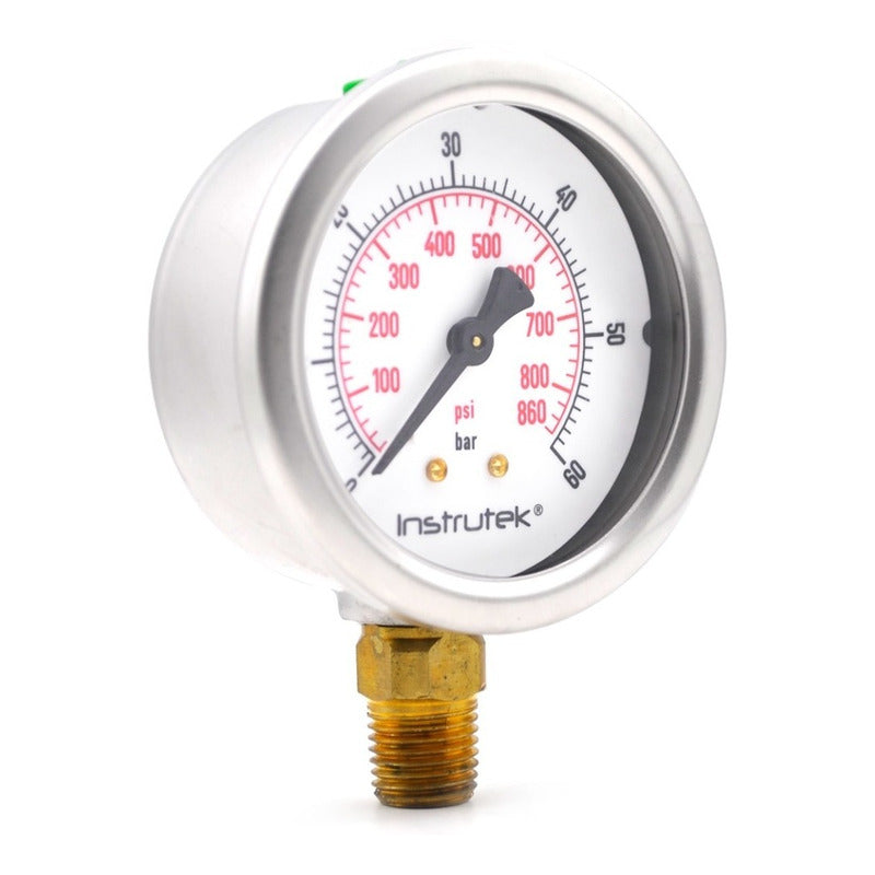 Manómetro 2.5", lleno de líquido premium, 1/4" NPT, inferior, 60 bar-psi