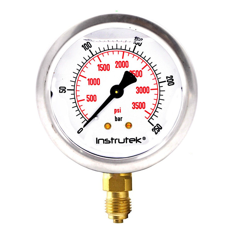 Manómetro 2.5", lleno de líquido premium, 1/4" BSPP, inferior, 250 bar-psi