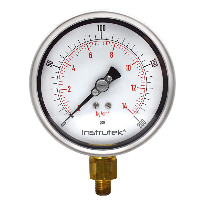 Manómetro 4", lleno de líquido premium, 1/4" NPT, inferior, 200 psi-kg/cm2