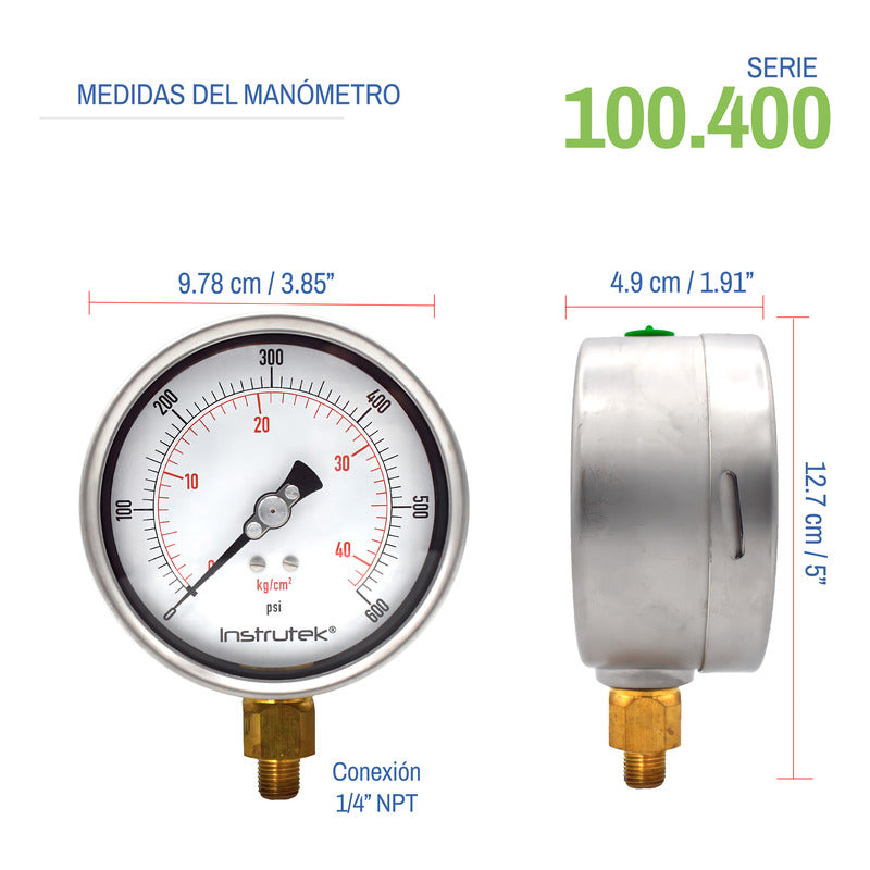 Manómetro 4", lleno de líquido premium, 1/4" NPT, inferior, 600 psi-kg/cm2