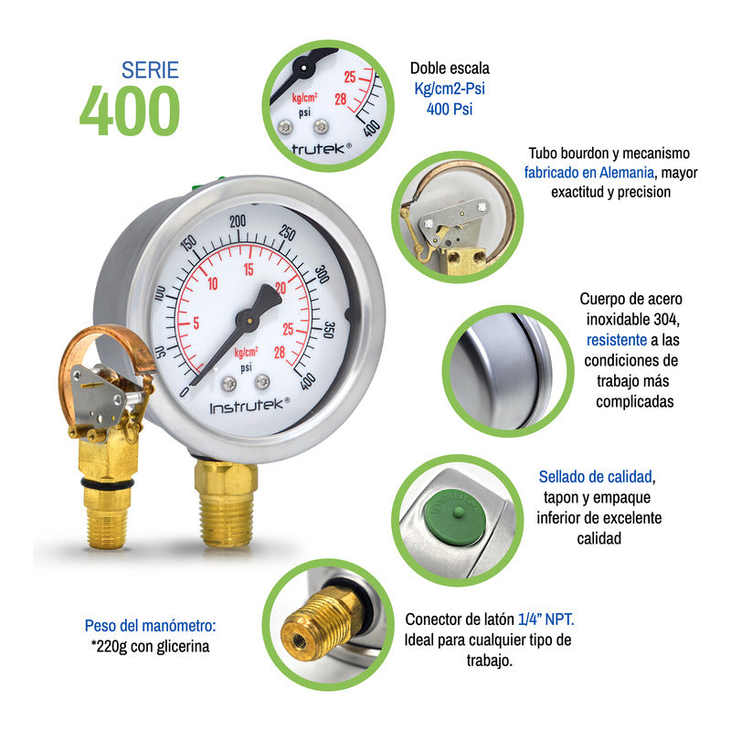 Manómetro 2.5", lleno de líquido premium, 1/4" NPT, inferior, 400 psi-kg/cm2