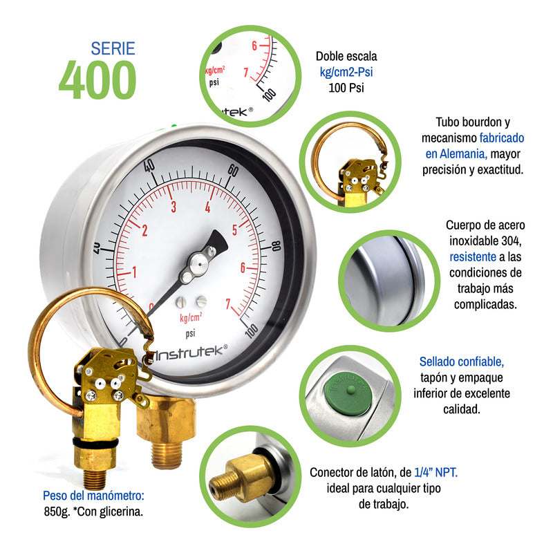 Manómetro 4", lleno de líquido premium, 1/4" NPT, inferior, 100 psi-kg/cm2