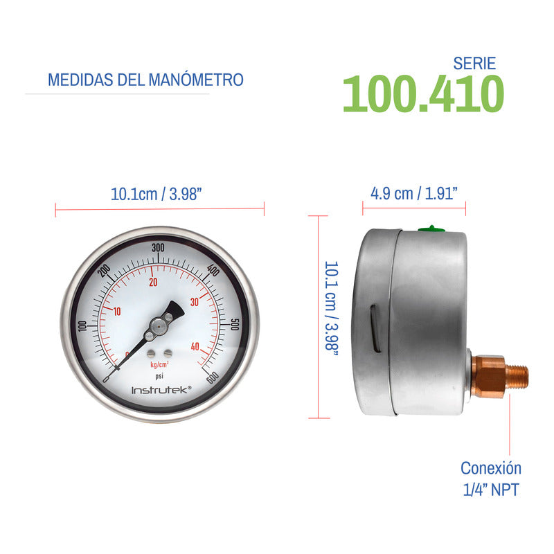 Manómetro 4", lleno de líquido premium, 1/4" NPT, posterior, 600 psi-kg/cm2