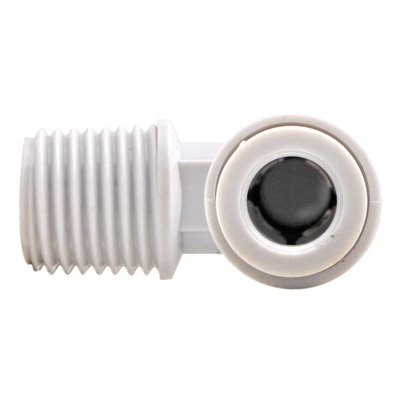 Conector en codo, rosca 1/4" NPT y salida a manguera de 1/4" (agua).