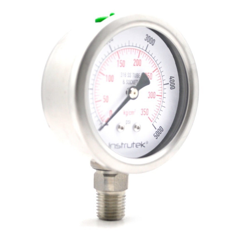 Stainless steel Glycerin pressure gauge 2.5 PLG, 0 to 5000 Psi, 1/4 connection