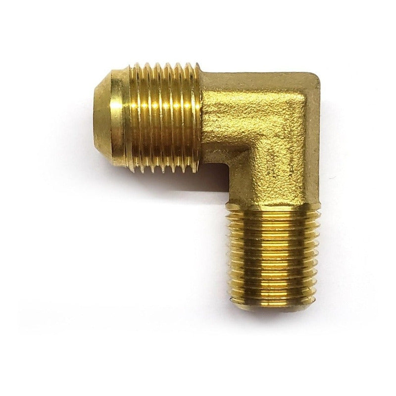 Conector en codo macho 90, fabricado en latón (dorado) de 1/4" NPT x 3/8" flare