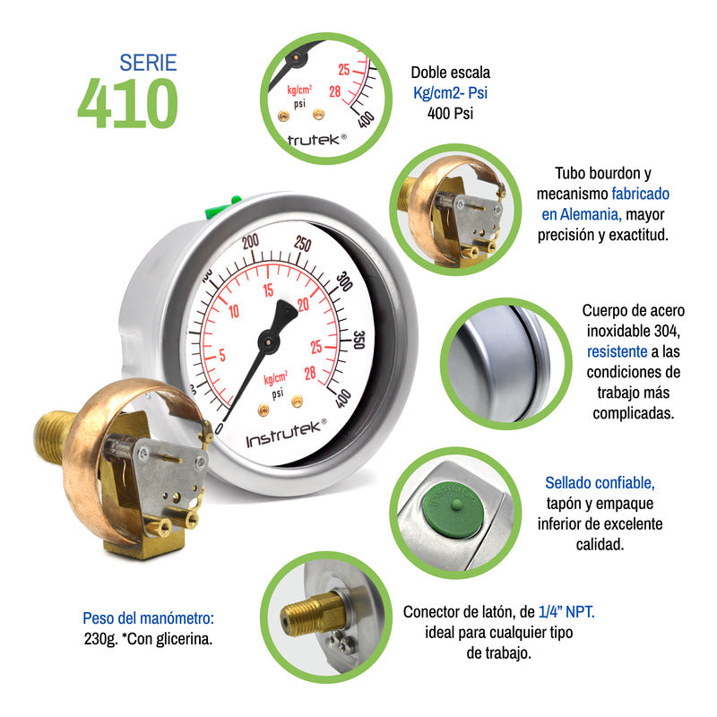 Manómetro 2.5", lleno de líquido premium, 1/4" NPT, posterior, 400 psi-kg/cm2