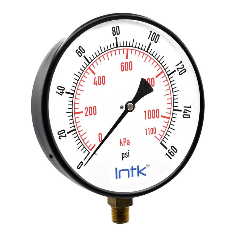 10" Standard, dry, pressure gauge, black steel case, 1/2" NPT, bottom connection, 0 to 160 psi-kPa