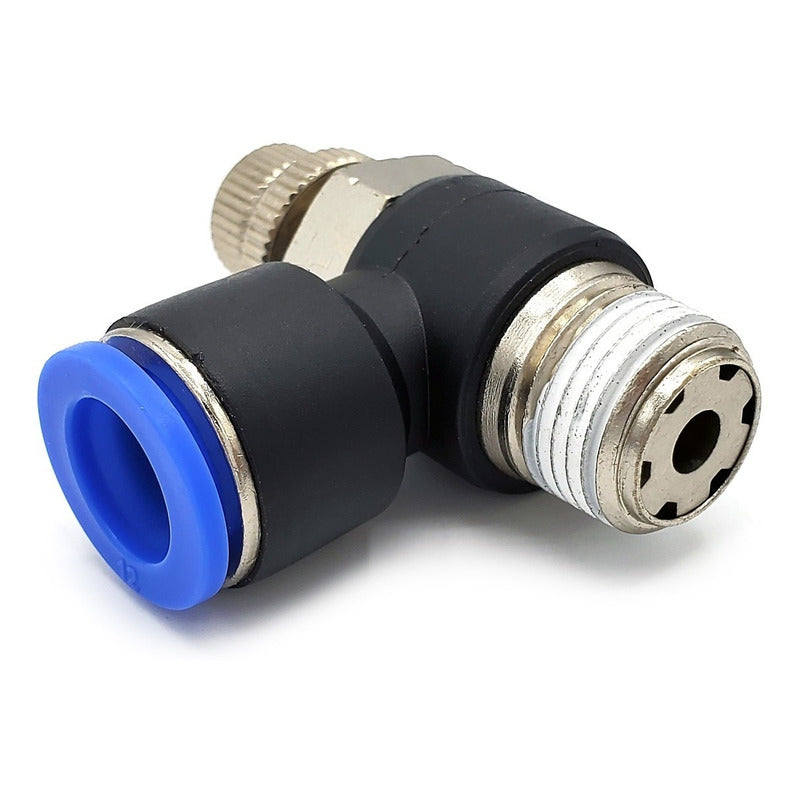 Conector / Regulador De Caudal Neumático Codo 3/8 Npt x 12 mm