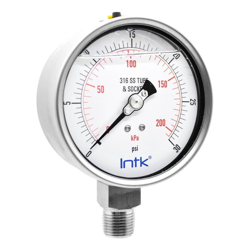 4” S.S. Liquid filled (O.E.M.), pressure gauge, 1/2” NPT, bottom connection, 0 to 30 psi-kPa