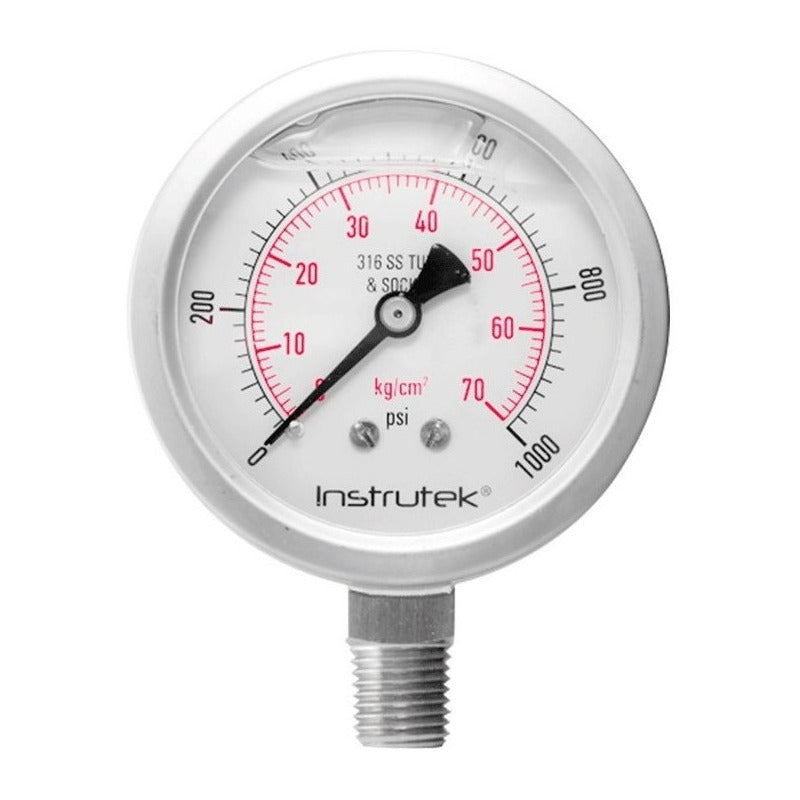 Manómetro 2.5", acero inoxidable, 1/4" NPT, inferior, 1000 psi-kg/cm2