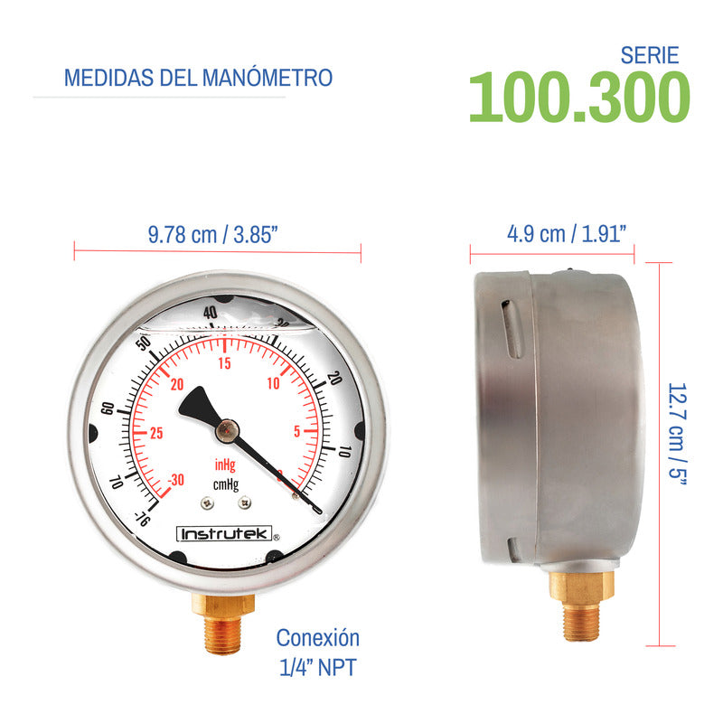 Vacuómetro 4", lleno de líquido (O.E.M.), 1/4" NPT, inferior, 30 Vac inHg-cmHg