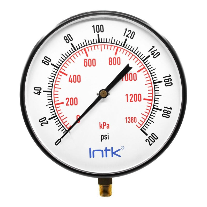 10" Standard, dry, pressure gauge, black steel case, 1/2" NPT, bottom connection, 0 to 200 psi-kPa