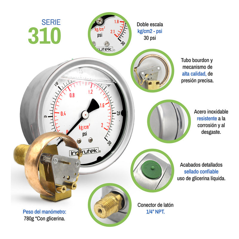 Manómetro 4", lleno de líquido (O.E.M.), 1/4" NPT, posterior, 30 psi-kg/cm2
