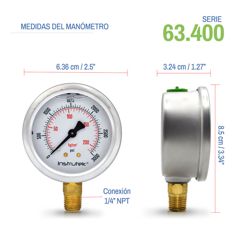 Manómetro 2.5", lleno de líquido premium, 1/4" NPT, inferior, 3000 psi-kg/cm2