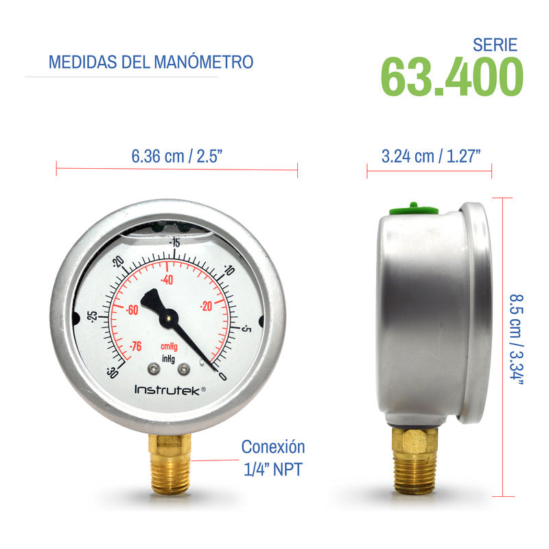 Vacuómetro 2.5", lleno de líquido premium, 1/4" NPT, inferior, 30 Vac inHg-cmHg