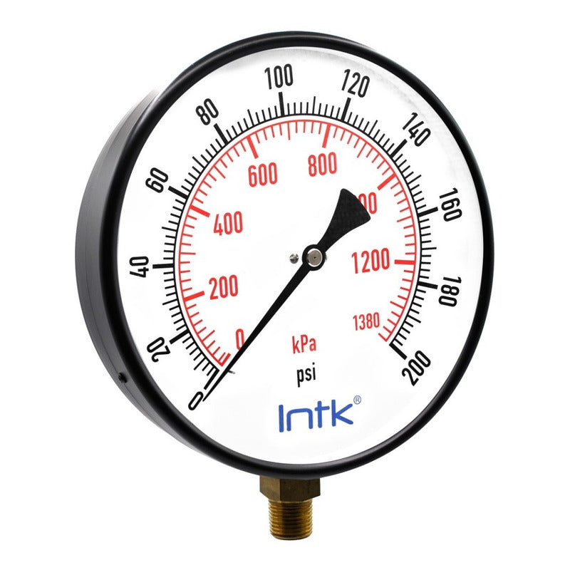 10" Standard, dry, pressure gauge, black steel case, 1/2" NPT, bottom connection, 0 to 200 psi-kPa