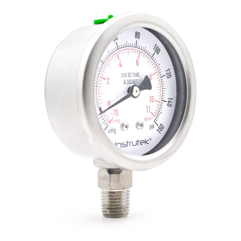 Manovacuómetro 2.5", acero inoxidable, 1/4" NPT, inferior, 30 Vac inHg-cmHg, 160 psi-kg/cm2