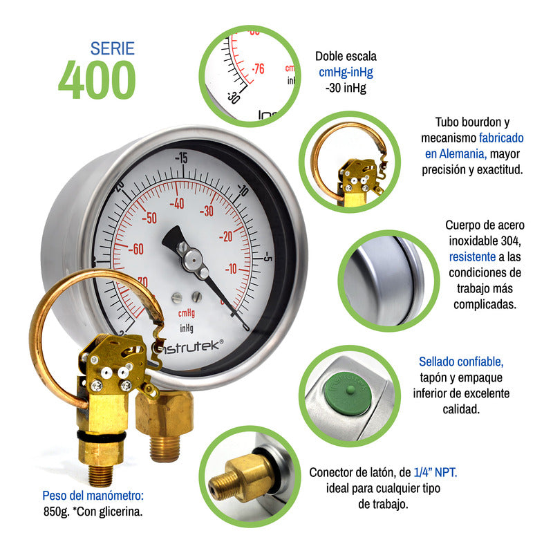 Vacuómetro 4", lleno de líquido premium, 1/4" NPT, inferior, 30 Vac inHg-cmHg