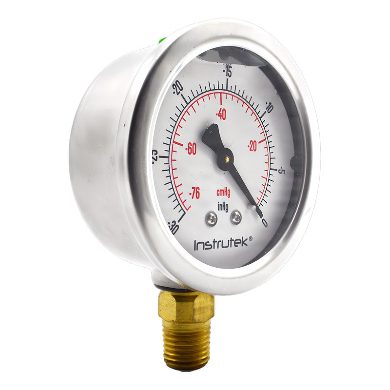 Vacuómetro 2.5", lleno de líquido premium, 1/4" NPT, inferior, 30 Vac inHg-cmHg