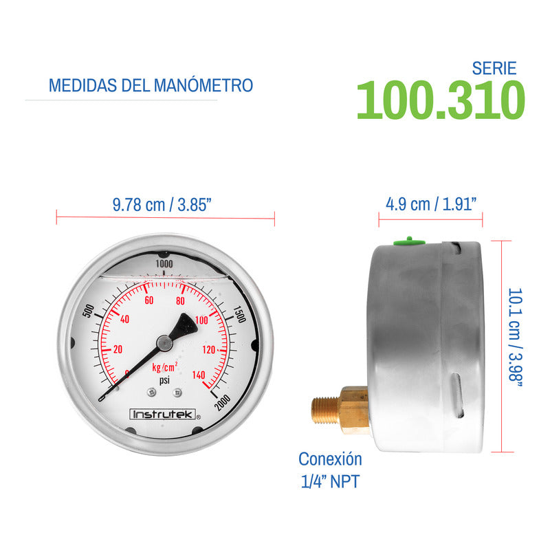 Manómetro 4", lleno de líquido (O.E.M.), 1/4" NPT, posterior, 2000 psi-kg/cm2