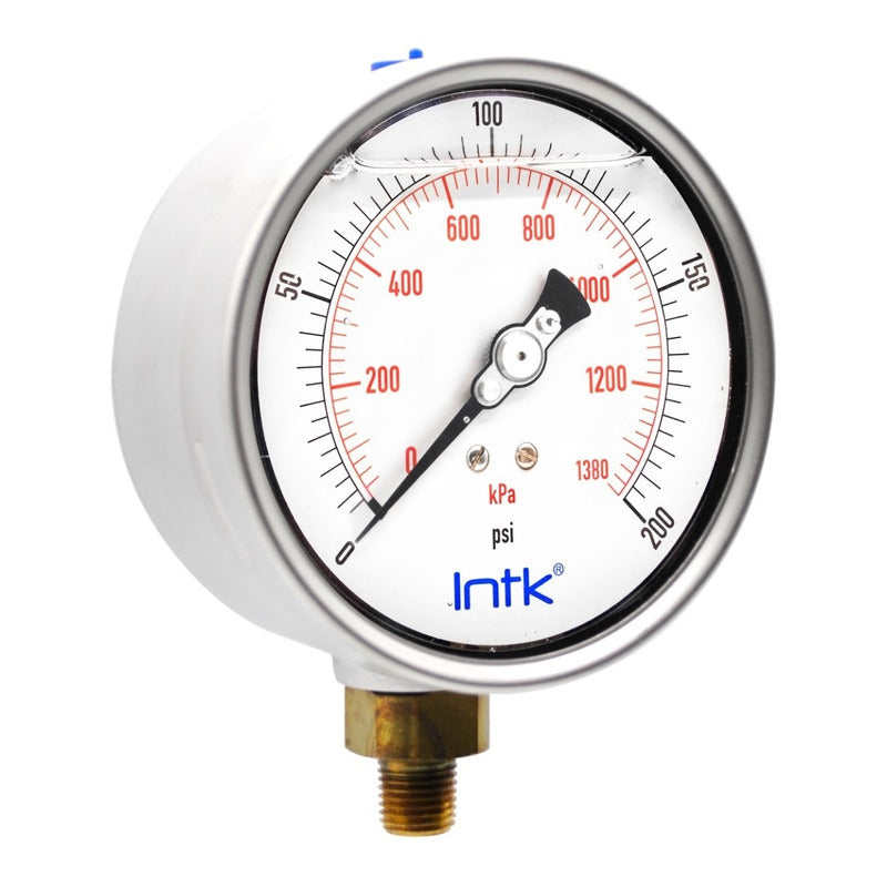 4” Liquid filled (O.E.M.), pressure gauge, 1/4” NPT, bottom connection, 0 to 200 psi-kPa