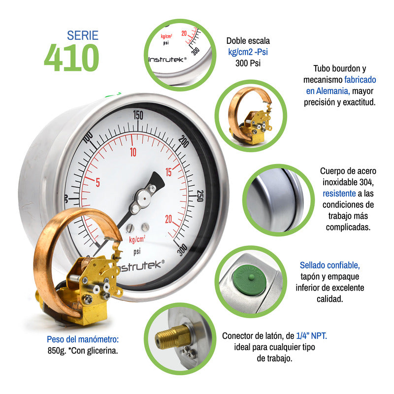Premium Stainless Steel Glycerin Pressure Gauge, 4 Inch Dial, 300 Psi
