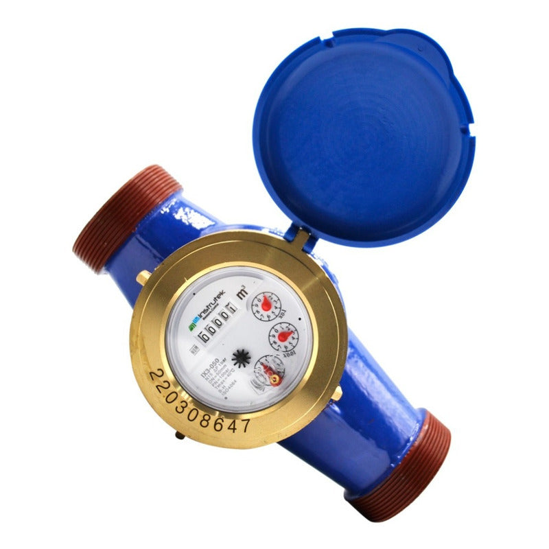 Medidor de agua tipo chorro múltiple, cuerpo de hierro, extremos roscados de 2", incluye los conectores de latón