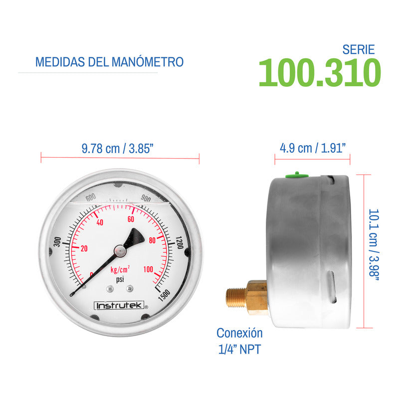 Manómetro 4", lleno de líquido (O.E.M.), 1/4" NPT, posterior, 1500 psi-kg/cm2